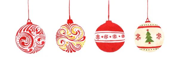 Set Weihnachtsspielzeug in rot mit Mustern. Aquarell Weihnachten — Stockfoto