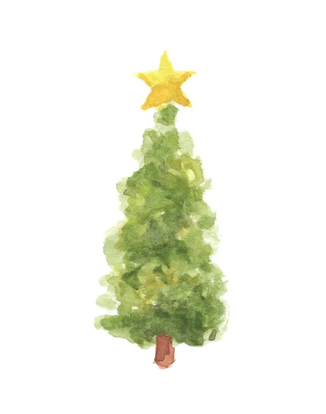 Akvarel vánoční strom s hvězdou izolované na bílém pozadí — Stock fotografie