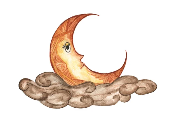 Lua Nuvem Isolada Fundo Branco Ilustração Céu Noturno Aquarela Desenhada — Fotografia de Stock