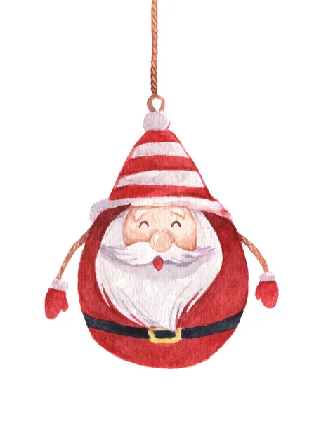 Santa Claus hanging on string. Watercolor Christmas card. — Stock Photo, Image