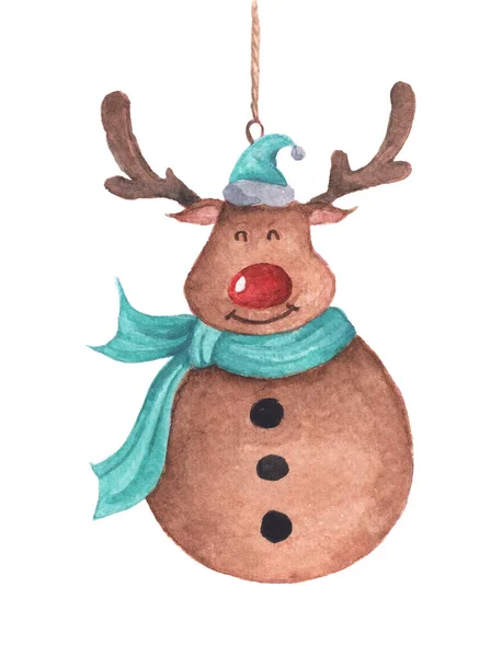 Cute reindeer hanging on string. Watercolor Christmas card. — Stock Photo, Image