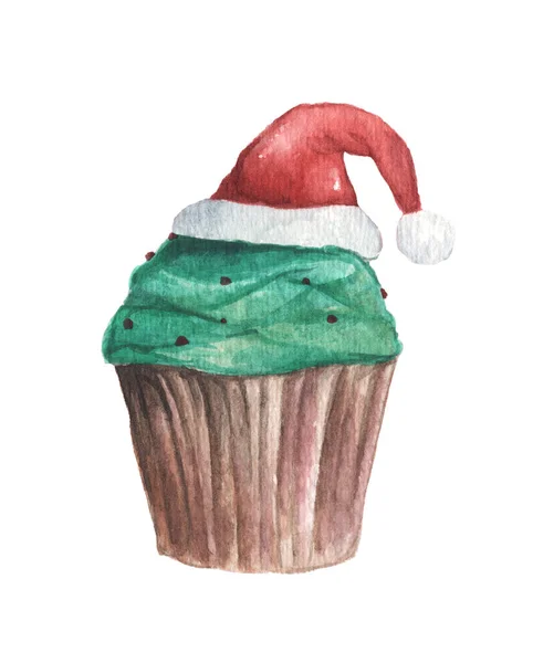 Bolo de Natal e chapéu de Pai Natal. Cartão de Natal aquarela . — Fotografia de Stock