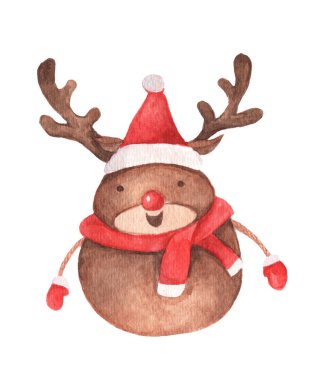 Beyaz arka planda izole edilmiş Noel Baba şapkalı şirin ren geyiği. Suluboya Noel kartı.