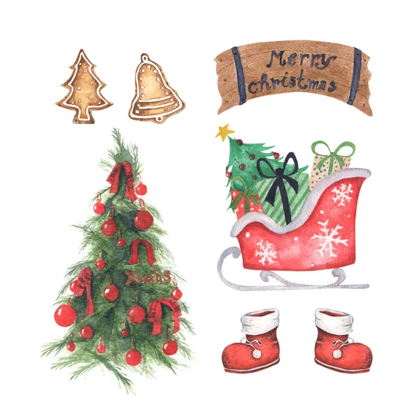 Sada Vánočních Dekorací Akvarelové Prvky Bílém Pozadí — Stock fotografie