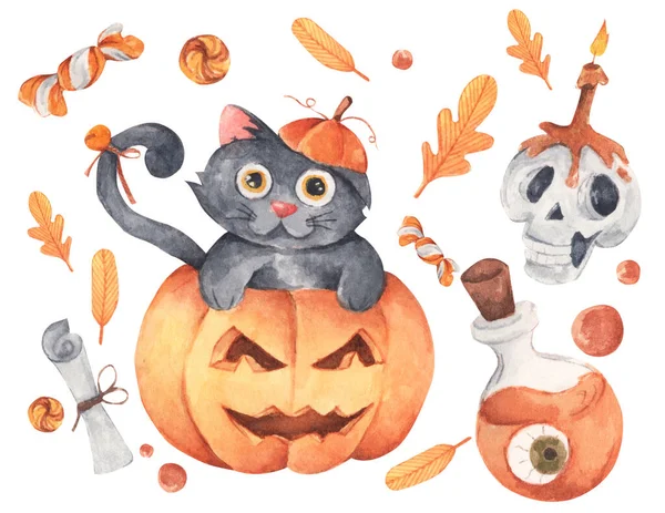 Happy Halloween Collection Hand Drawn Watercolour Painting White Elements Creative — Stock Photo, Image
