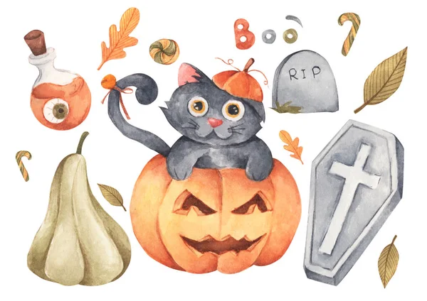 Happy Halloween Collection Hand Drawn Watercolour Painting White Elements Creative — Stock Photo, Image