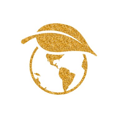 Dünya altın glitter doku yaprak simgesiyle. Işıltı lüks stil vektör çizim.