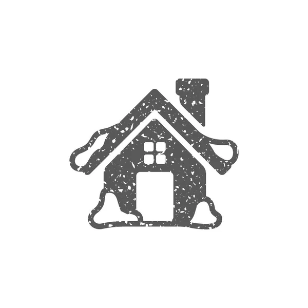 Casa Con Icona Neve Grunge Texture Isolata Sfondo Bianco — Vettoriale Stock