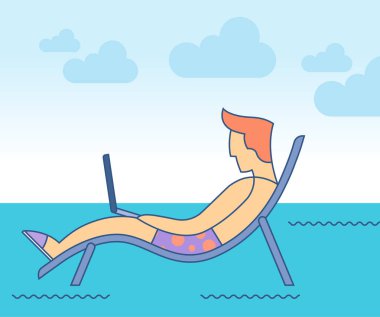 Burnunun üstünde laptop olan adam. Dijital göçebe kavramı. Vektör çizim.