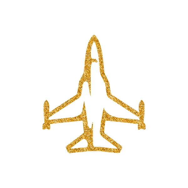 Fighter Jet Icon Gold Glitter Texture Isolated White Background — Stock Vector