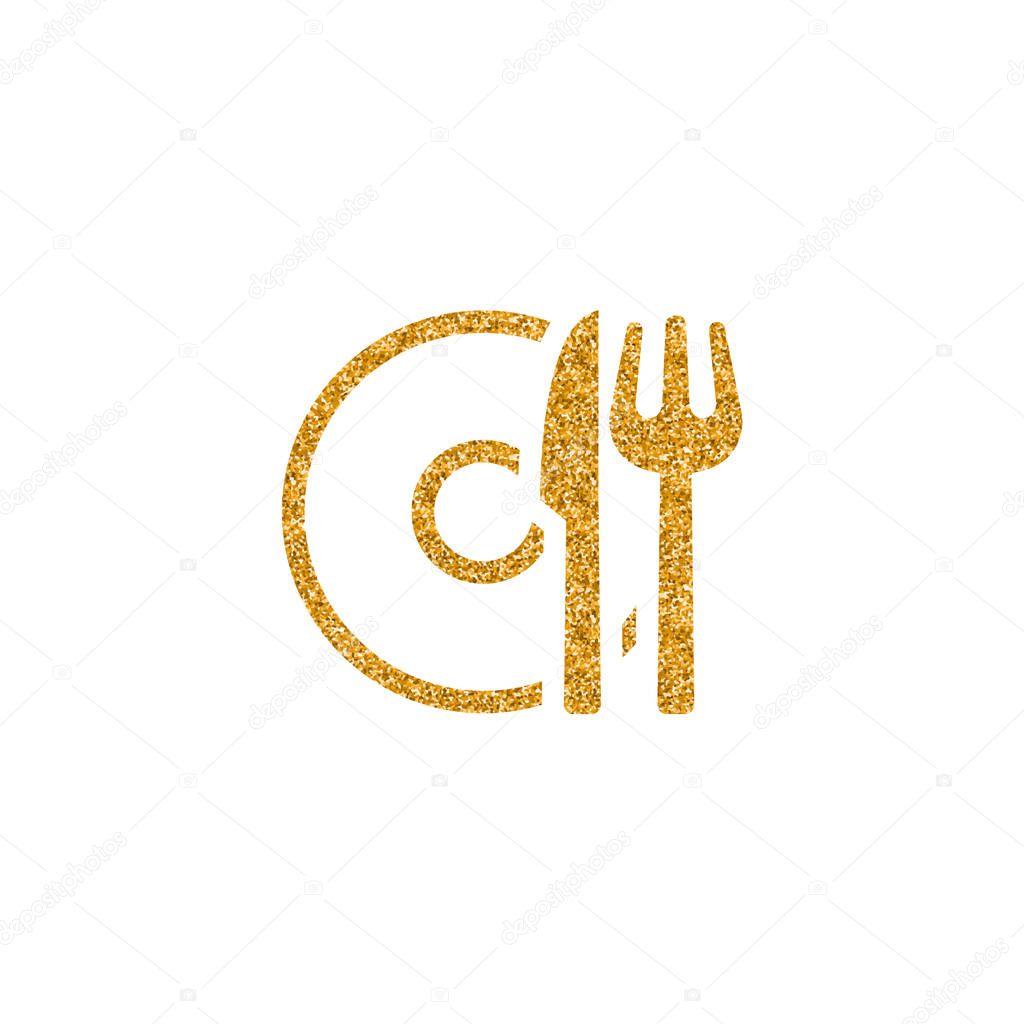 Dishes icon in gold glitter texture. Sparkle luxury style vector illustration.