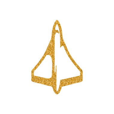 Altın glitter doku süpersonik uçak simgesi. Işıltı lüks stil vektör çizim.