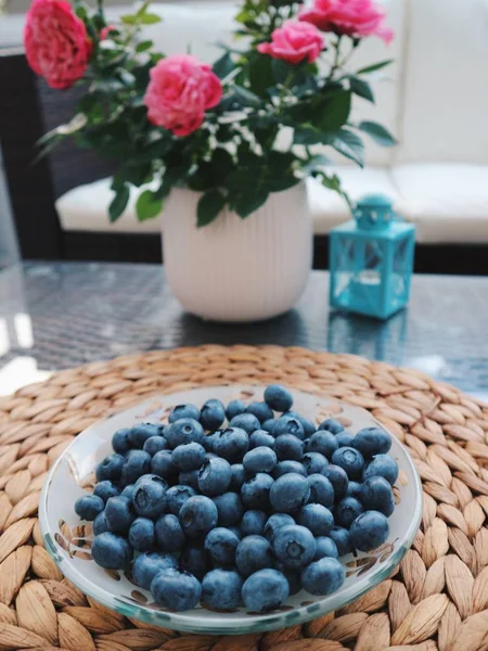 Fresh Blueberries Plate Organic Superfood — Stock Photo, Image