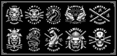 Set of samurai emblems on dark background vector Set of samurai emblems on dark background vector