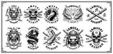 Set of samurai emblems on white background vector Set of samurai emblems on white background vector
