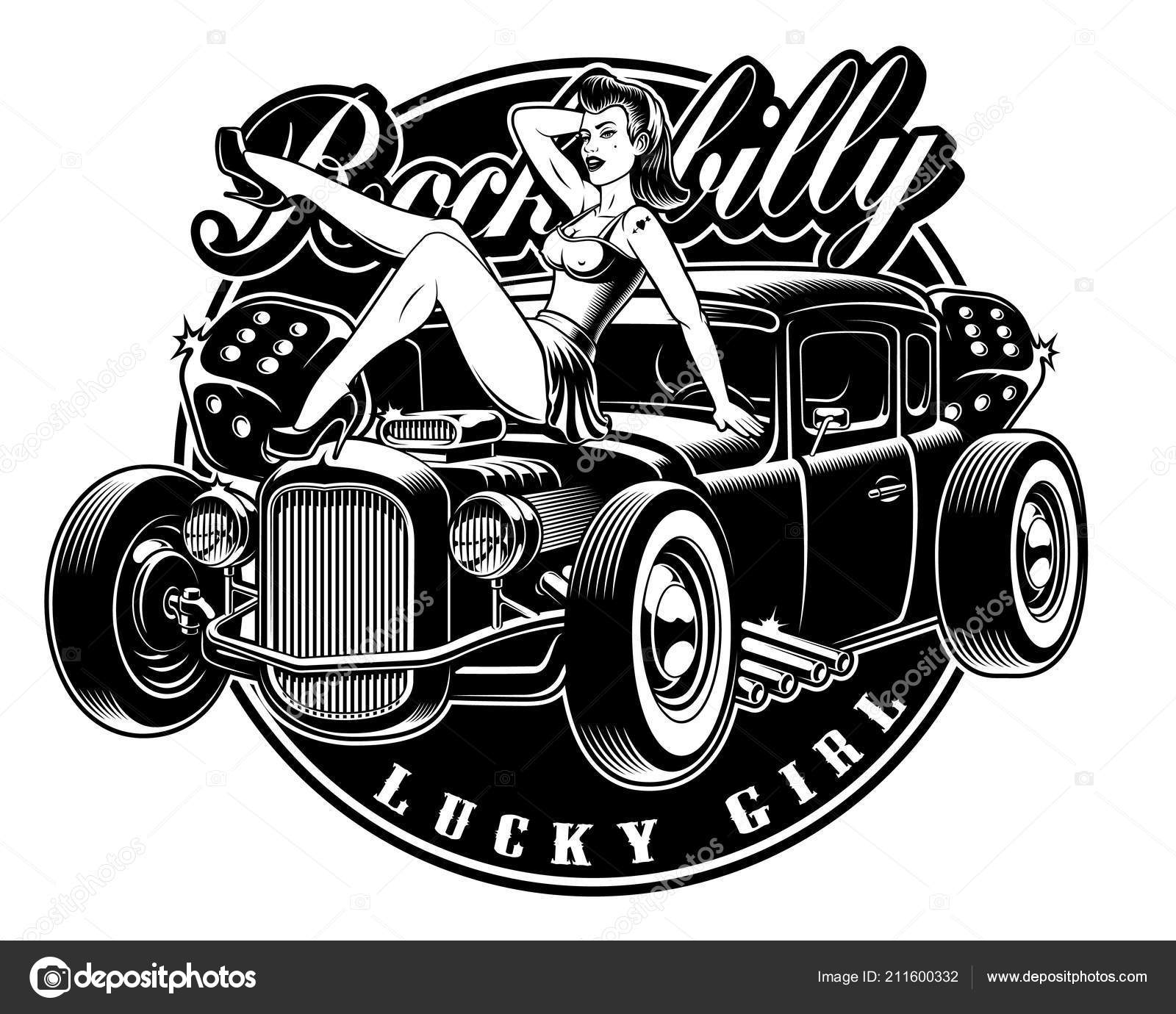 Preto E Branco Illistration De Garota Pin Up Com Hot Rod — Vetores De Stock © Kasyanov Creation