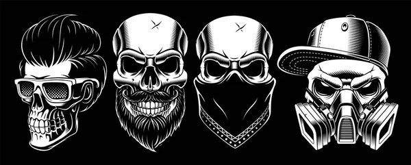 Set of vintage blak and white different skulls Stock Vector