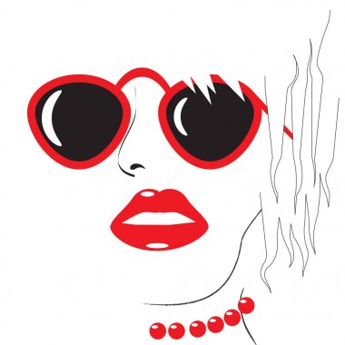 Beyaz arka planda kırmızı güneş gözlüğü ve kırmızı dudaklar kadın çizmek 