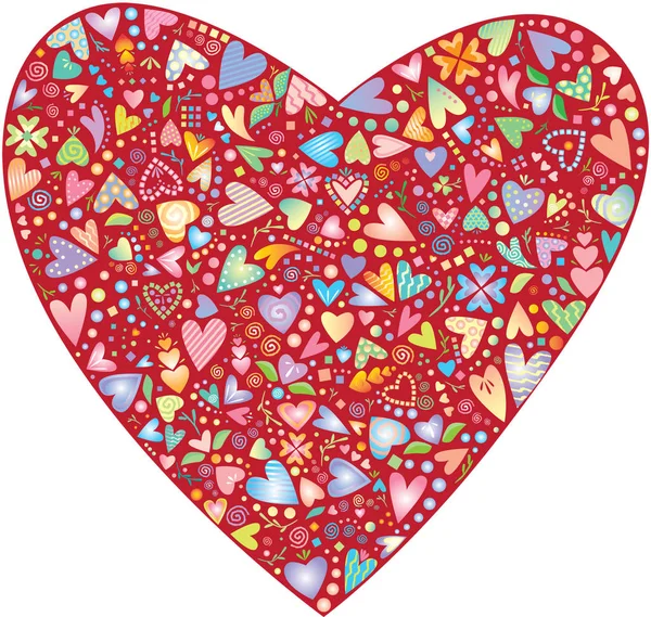 美丽的情人节心脏插图充满了各种较小的心脏和花卉设计在柔和的颜色与深红色的背景 — 图库矢量图片