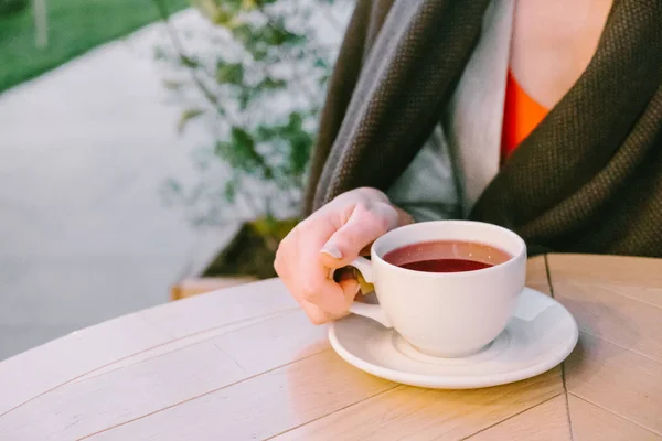 Woman Plaid Drinking Tea Cafe Summer Terrace Hand Cup Close — Stock Photo, Image