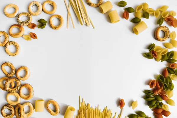 Background Different Types Raw Pasta Pretzels Flatlay Style Top View Royalty Free Stock Photos