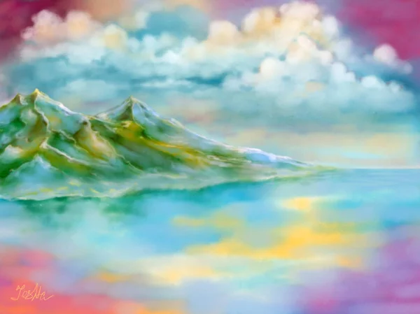 Fantasy landscape with ocean, clouds and hills