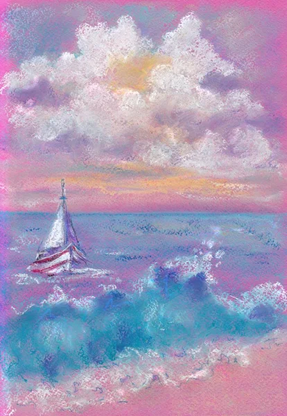 Ιστιοπλοϊκό Πλοίο Στο Ροζ Ηλιοβασίλεμα Παστέλ Ζωγραφική — Φωτογραφία Αρχείου