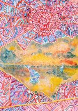 Tekne, Güneş ve kum ile Doodle suluboya deniz manzarası