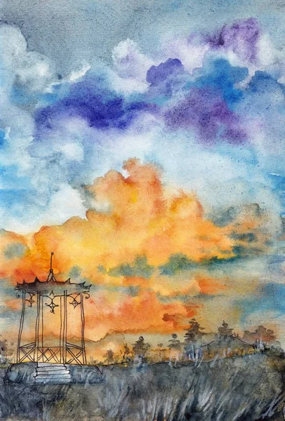 Pôr Sol Quente Verão Pyatigorsk Pintura Aquarela — Fotografia de Stock