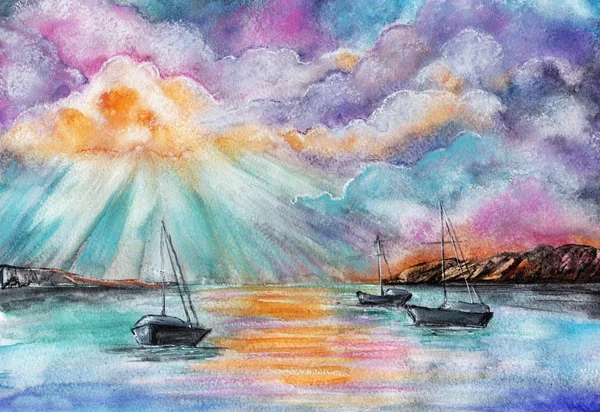 Boten Zee Door Aquarel — Stockfoto