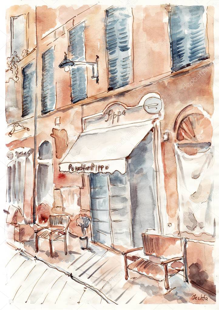 Old Italian street. Watercolor cityscape painting.