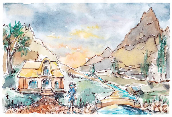 Skyrim Vila Nas Montanhas Por Aquarela — Fotografia de Stock