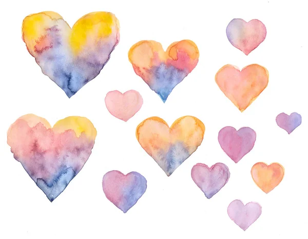 Uppsättning Färgglada Hjärtan Akvarell — Stockfoto
