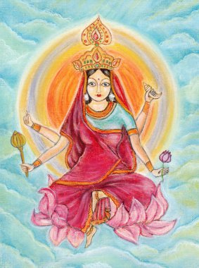 Siddhidatri'yi işleyen güzel Hindu tanrıçası. Navaratri, ne zaman? 9. gün. Pastel çizim.