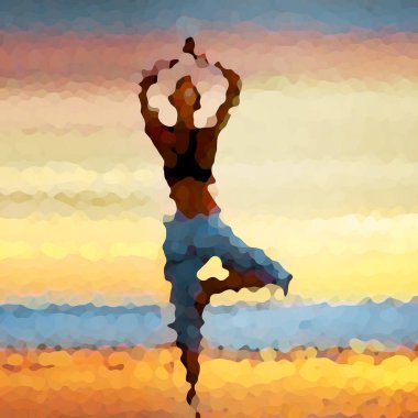 Yoga Pozu. Gün batımında bir kadının silueti mavi gökyüzünün arka planında