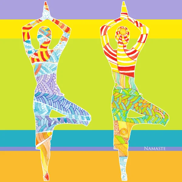 Siluetas Mujeres Haciendo Yoga Con Espacio Copia Para Texto Imagen —  Fotos de Stock