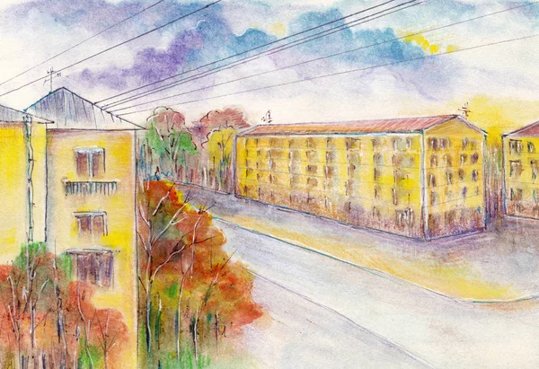 Urban landscape with road. Watercolor painting.