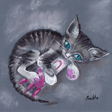 Mavi gözlü bir kedi yavrusu oyuncak bir roketle oynuyor.