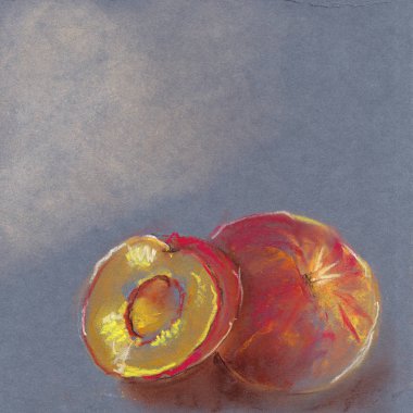 Ağız sulandıran şeftaliler. Pastel renklerle çizim. Pastel renklerin dokusu.