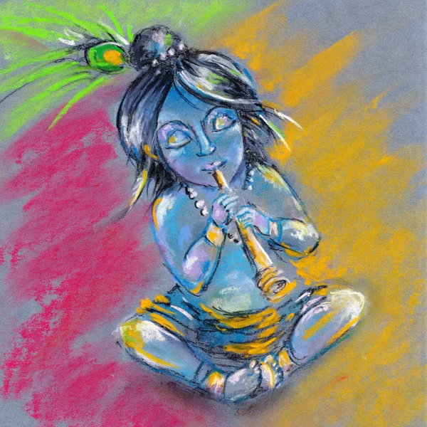 Piccolo Krishna Suona Flauto — Foto Stock