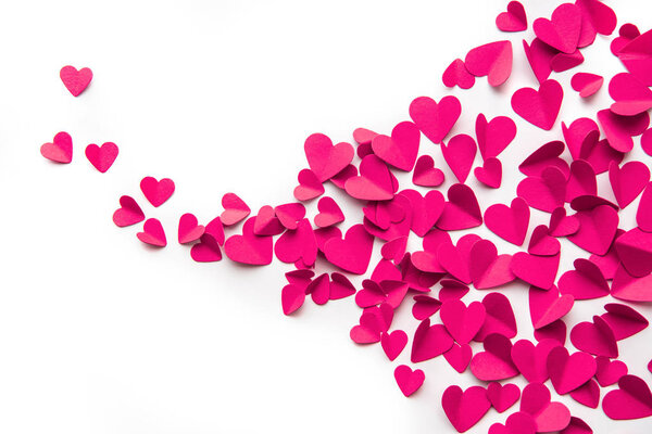 top view of pink paper hearts isolated on white 