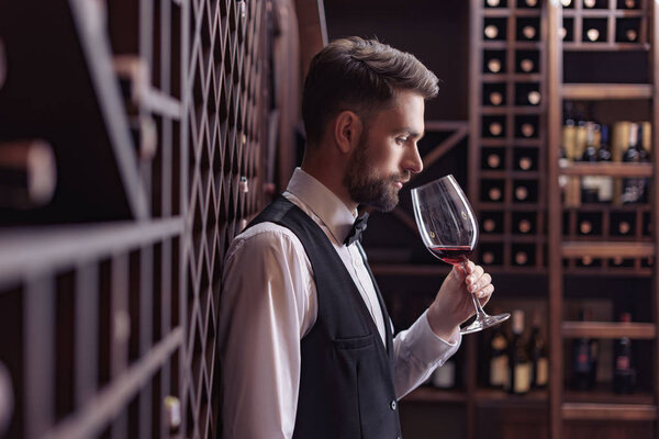 side view of young handsome sommelier tasting red wine in wine cellar while leaning on shelves