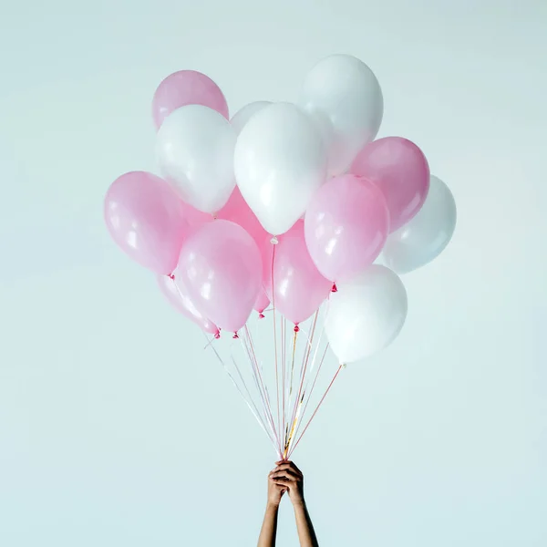 Cropped Shot Hands Holding Bunch Pink White Balloons Isolated Grey Royalty Free Stock Images