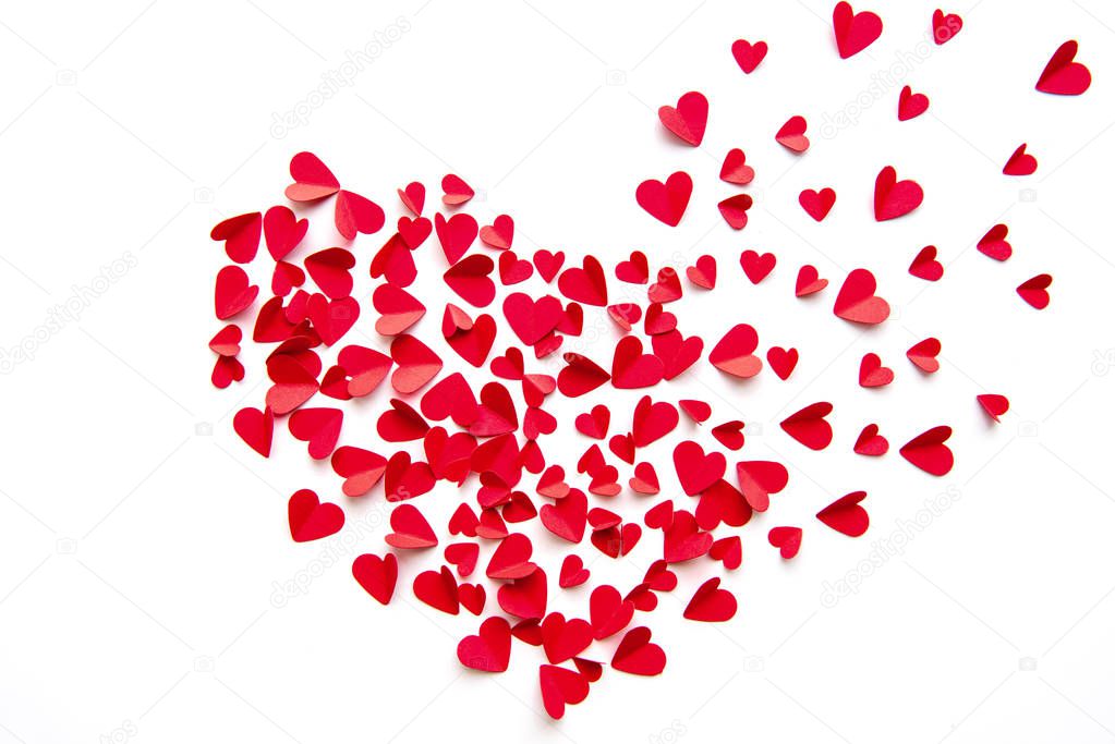 top view of red hearts assembling in one big heart isolated on white 