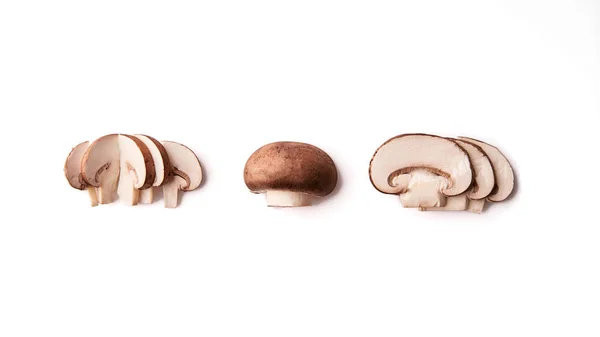 Colagem Conjunto Cogumelos Champignon Inteiros Fatiados Frescos Isolados Fundo Branco — Fotografia de Stock