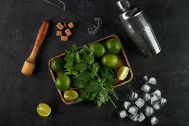 Yaz tazeleyici klasik Mojito Kokteyli. İçindekiler: kireç, nane, kamış şekeri, buz. Titretici, süzgeç. Küba ulusal içeceği.