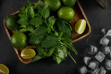 Yaz tazeleyici klasik Mojito Kokteyli. İçindekiler: kireç, nane, kamış şekeri, buz. Titretici, süzgeç. Küba ulusal içeceği.