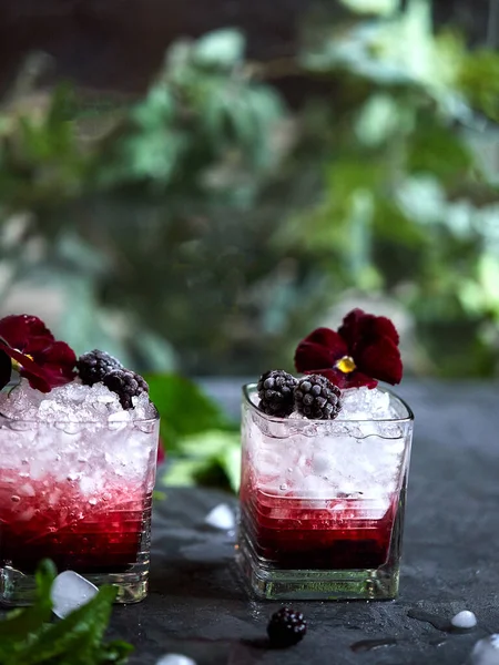 新鲜的夏季饮料 搭配杜松子酒 黑莓和薄荷的美味鸡尾酒 用鲜花和内裤装饰 — 图库照片