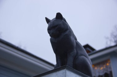 Petrozavodsk, Karelia 'daki eski bir ahşap binanın kedi heykeli..