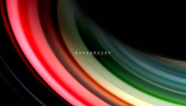 Dalga satırları sıvı gökkuşağı tarzı renk çizgili siyah arka plan üzerine soyut. Sunum, app duvar kağıdı, başlık sayfası veya poster için sanatsal illüstrasyon vektör